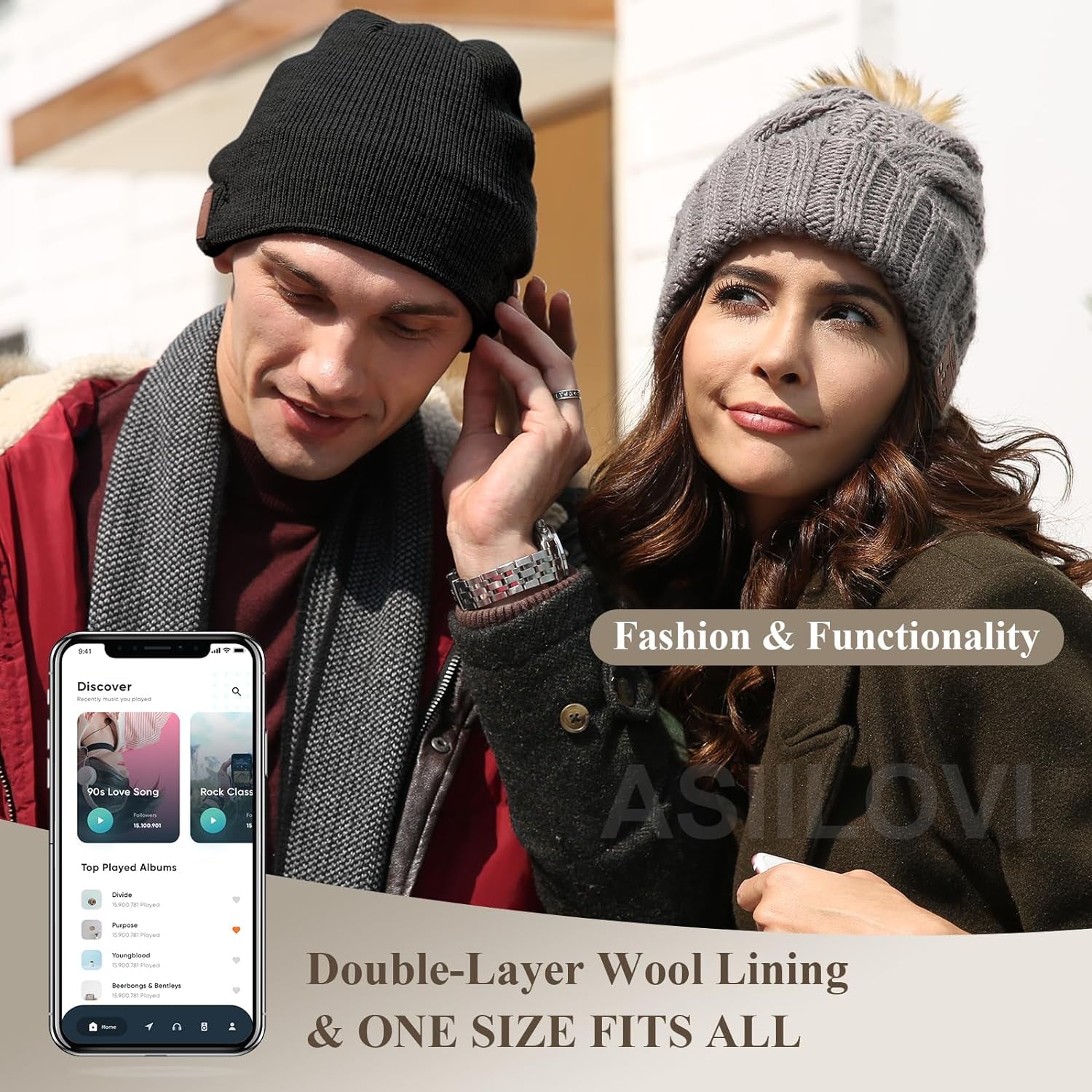 Bluetooth Beanie Hat with Built-in Wireless Headphones – 20 Hours Playtime – Double-Layer Warm Winter Beanie – Unisex Black