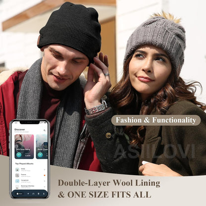Bluetooth Beanie Hat with Built-in Wireless Headphones – 20 Hours Playtime – Double-Layer Warm Winter Beanie – Unisex Black