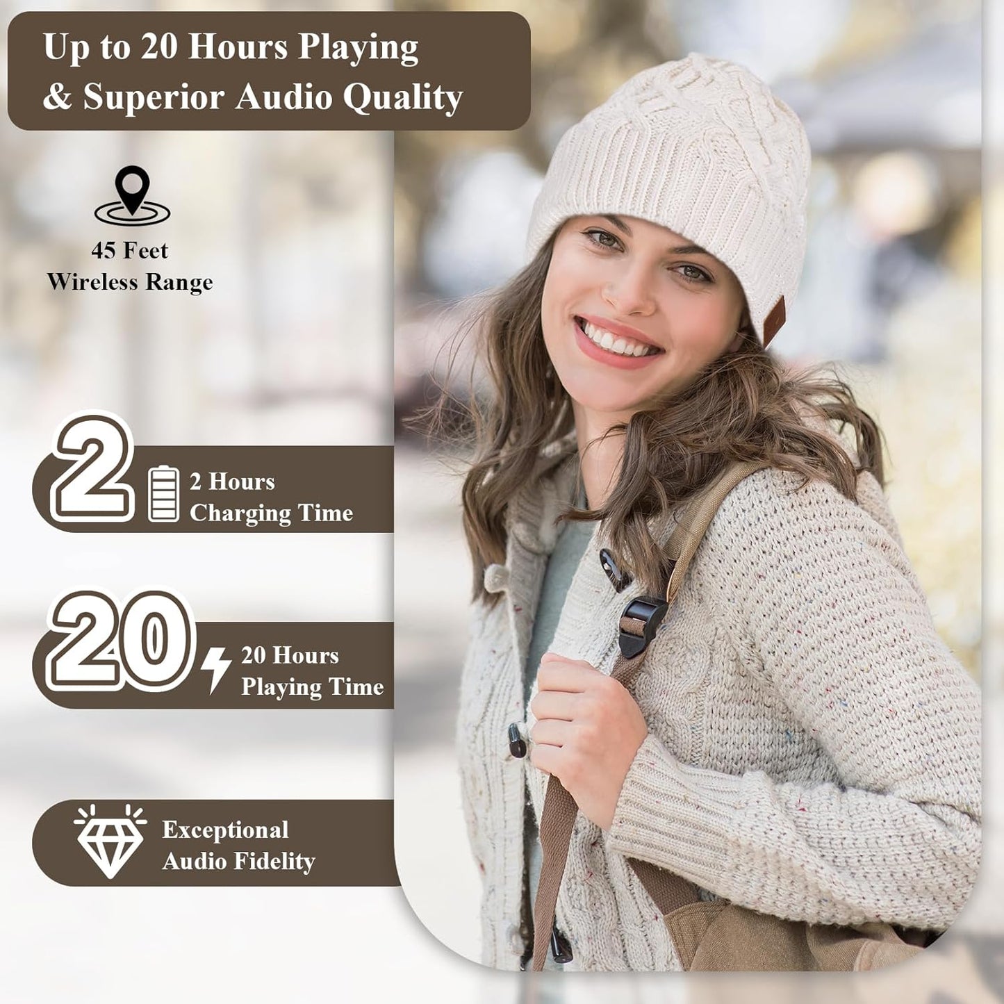 Bluetooth Beanie Hat with Built-in Wireless Headphones – 20 Hours Playtime – Double-Layer Warm Winter Beanie – Unisex Black